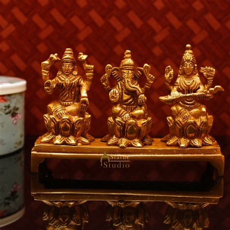 Brass Ganesha Lakshmi Saraswati Idol Statue For Home Temple Diwali Poo ...