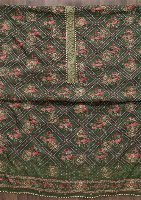 Buy Leaf Green Printed Soft Silk Unstitched Salwar Suit - Koskii