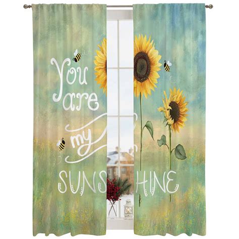 Semi Sheer Window Curtains 108 Inches Long, Sunflowers Rod Pocket Voile ...