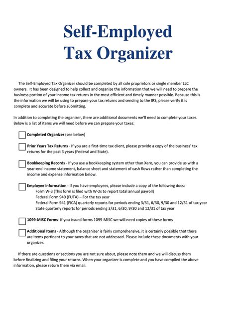 Self-Employed Tax Organizer Form - Blank Fillable Template | Fill Out ...
