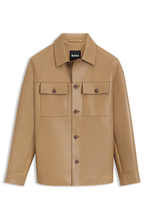 BOSS - Shirt-style leather jacket with flap pockets - Beige