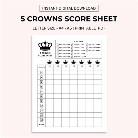 5 Crowns Score Sheet: Printable Score Card (letter/a4/a5 Digital ...