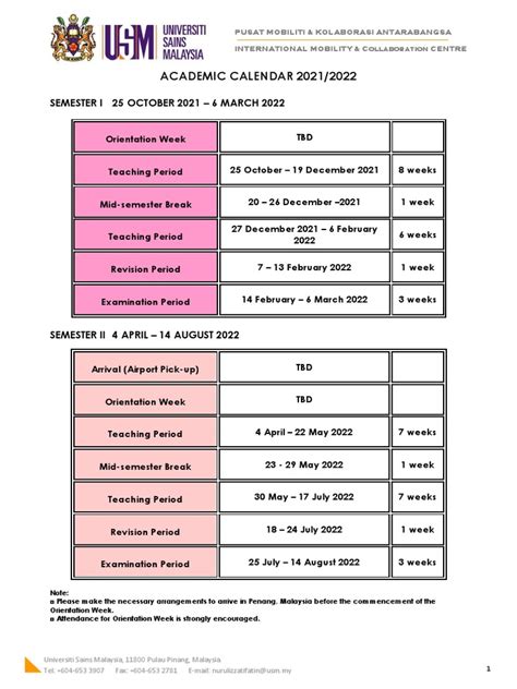 Usm Summary Academic Calendar 2021-2022 | PDF