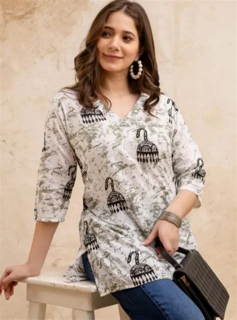 Handblock Printed White Cotton Kurti with Green Abstract Pattern – My Store