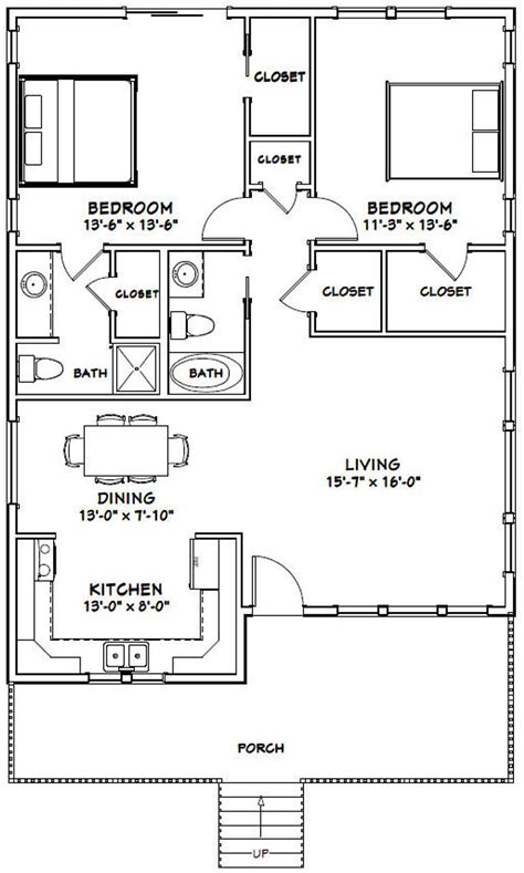 30x40 House -- 2-bedroom 2-bath -- 1,136 Sq Ft -- PDF Floor Plan ...