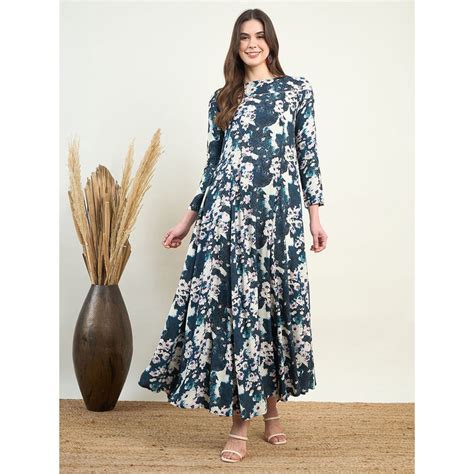 Buy The Kaftan Company Women Teal Floral Boat Neck Three Fourth Sleeves ...