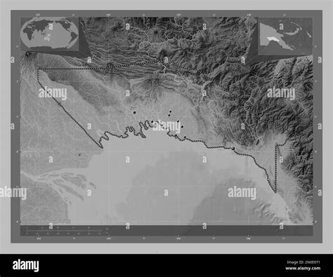 Gulf, province of Papua New Guinea. Grayscale elevation map with lakes ...