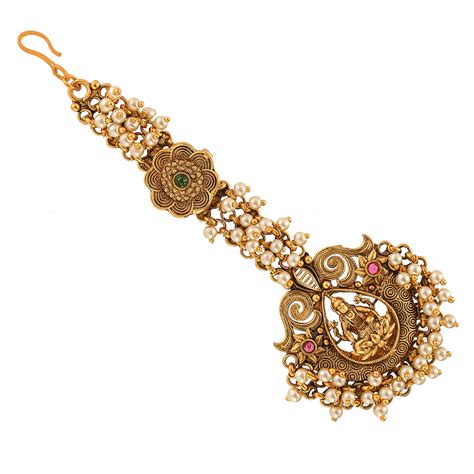 Goddess Lakshmi Motif Faux Pearls Brass Temple Maang Tika – VOYLLA