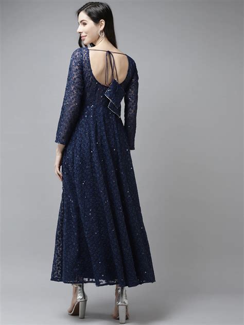 PANIT Women Navy Blue Ethnic Motifs Embroidered Ethnic Maxi Dress ...