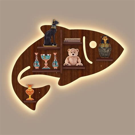 Fish Shape Wooden Wall Shelf LED Light Wall Shelf with Walnut Finish ...