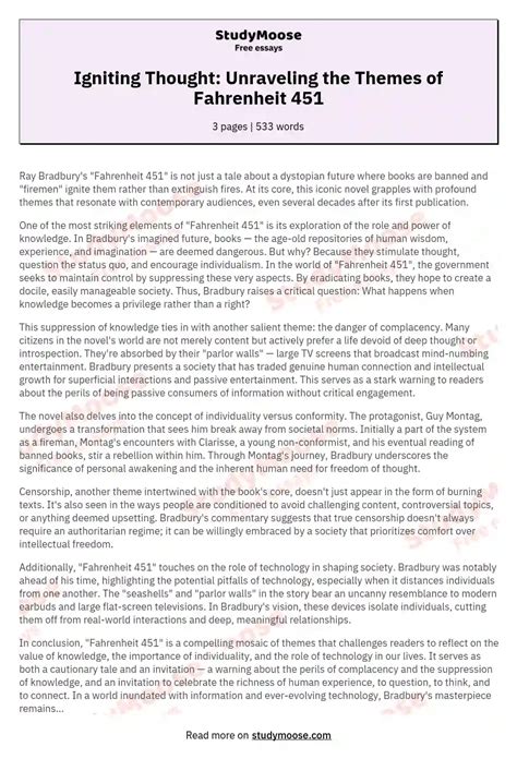 Igniting Thought: Unraveling the Themes of Fahrenheit 451 Free Essay ...