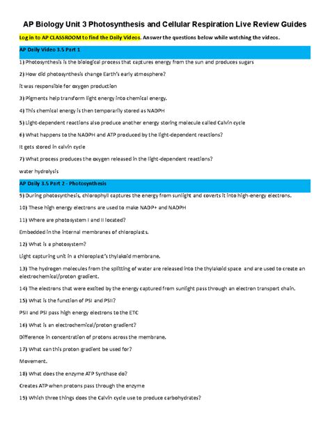AP Biology Unit 3 Photosynthesis and Cellular Respiration Live Review ...