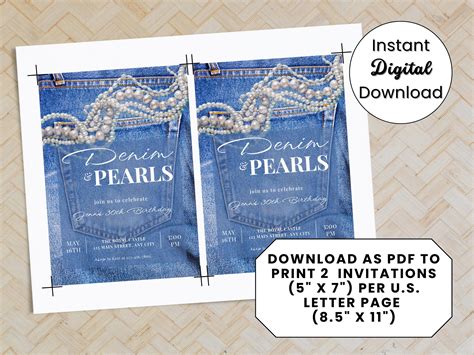 Editable Denim and Pearls Birthday Invitation, Digital Blue Jeans Theme ...