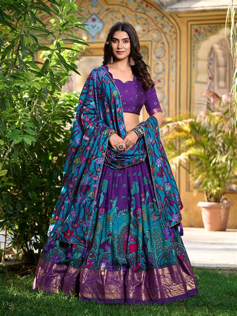 Purple Color Kalamkari Print With Foil Work Tussar Silk Lehenga Choli ...