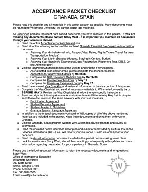 Fillable Online willamette Acceptance packet checklist granada, spain ...