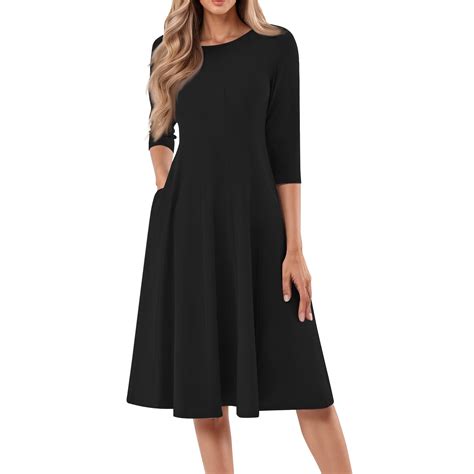 BDPORKAS Dresses for Women Midi 3/4 Sleeve A-Line Crew Neck Flared ...