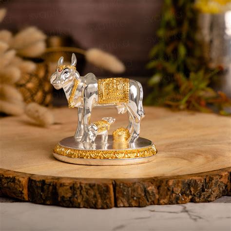 Auspicious Kamdhenu Cow with Calf Idol | Gold and Silver Plated – Svastika