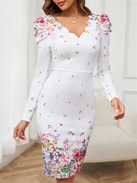 SHEIN Clasi Women's Floral Print Leg Of Mutton Sleeve Dress Scallop ...