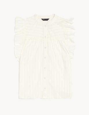 Pure Cotton High Neck Ruffle Blouse