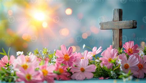 AI generated Wooden cross with flowers and bokeh on blue background ...