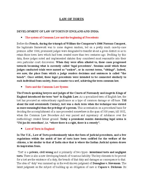 Development of Law of Torts in England & India: Comparative Study - Studocu