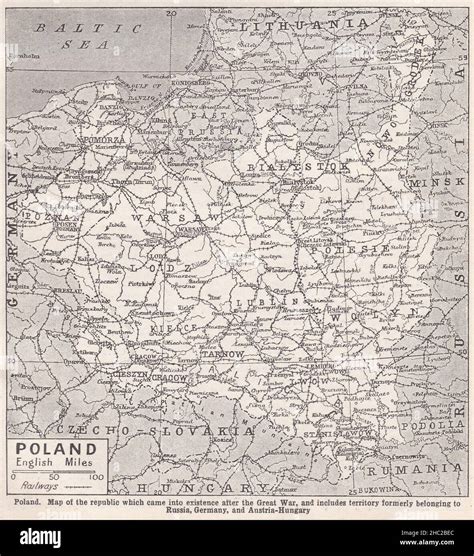 Vintage map of Poland - Republic after the Great War, and includes territory formerly belonging ...