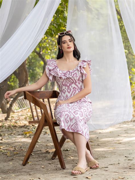 Frill Neck A-line midi dress with IKKAT print in Mauve – Mabish Store