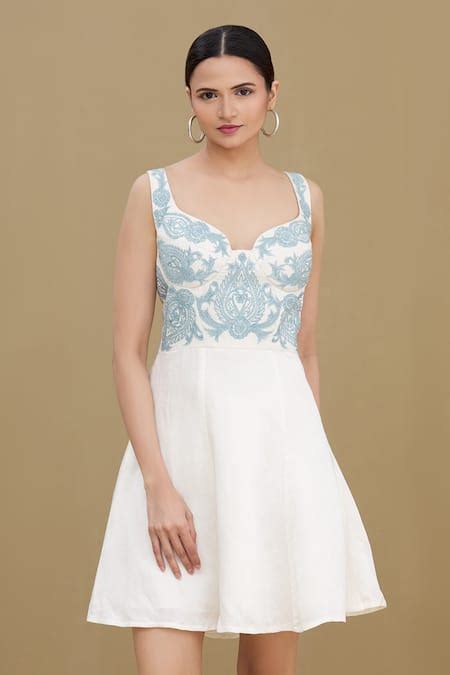 Buy White Linen Satin Blend Sweetheart Neck Embroidered Corset Dress ...