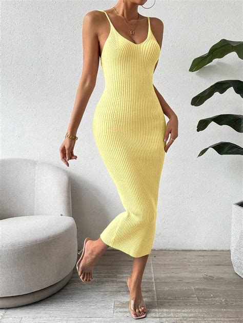 SHEIN PETITE Women's Elegant Cream Yellow Ribbed Bodycon Maxi Camisole ...