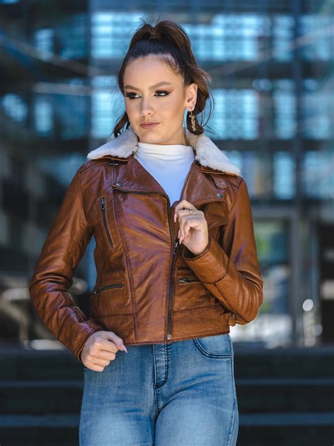 Womens Brown Leather Jacket with Fur Collar – Maher Leathers
