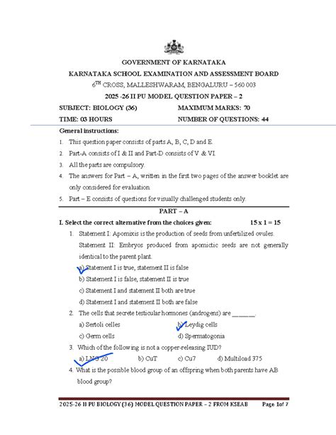 II PU BIOLOGY (36) MODEL QUESTION PAPER 2 - 2025-26 - Studocu