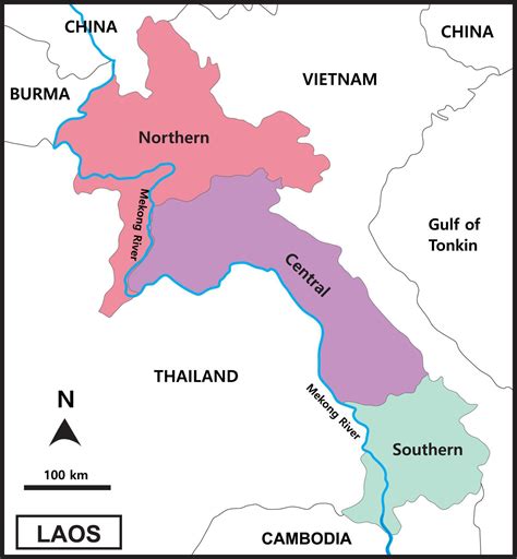 Map of Laos includes regions, Mekong River, borderline countries, Thailand, Cambodia, Burma ...