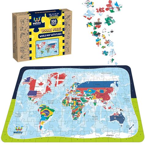 108 Pieces World Map with Flags Wooden Jigsaw Puzzle (6-10 Years ...