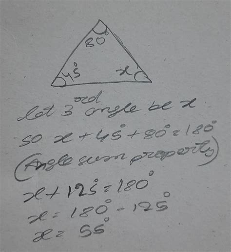 Two angles of a triangle measures 45 degree and 80 degree find the ...