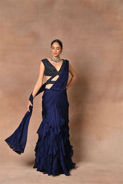 Exquisite Blue Designer Drape Saree – Mynah Designs