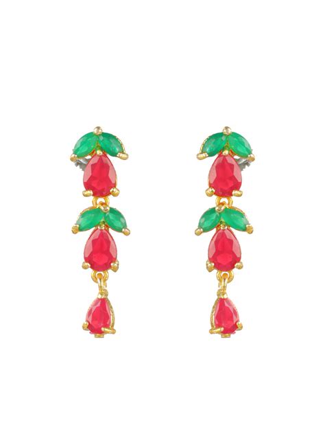 Priyaasi Red Green Leaf Gold-Plated Jewellery Set