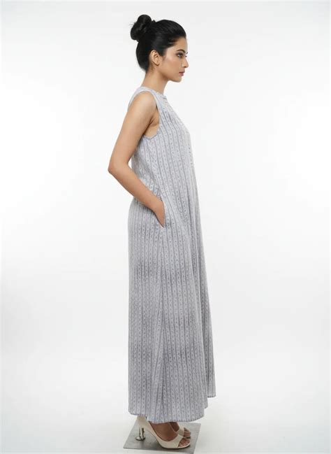 Linear Print Cotton Sleeveless Nightdress with P… | The Kaftan Company