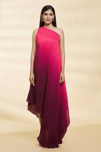Buy Pink Chinon Plain Asymmetric Neck Tiana Hem Ombre Dress For Women ...