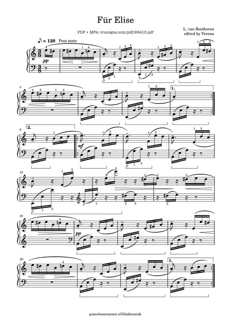 [Sheet] Für Elise Piano With fingering PDF, hợp âm Piano, mp4/midi