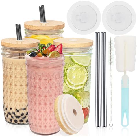 Buy UHAPEER 4 Pack Glass Cups with Bamboo Lids and Straws, Reusable ...