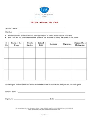 Fillable Online Driver Information Form - International School... Fax ...