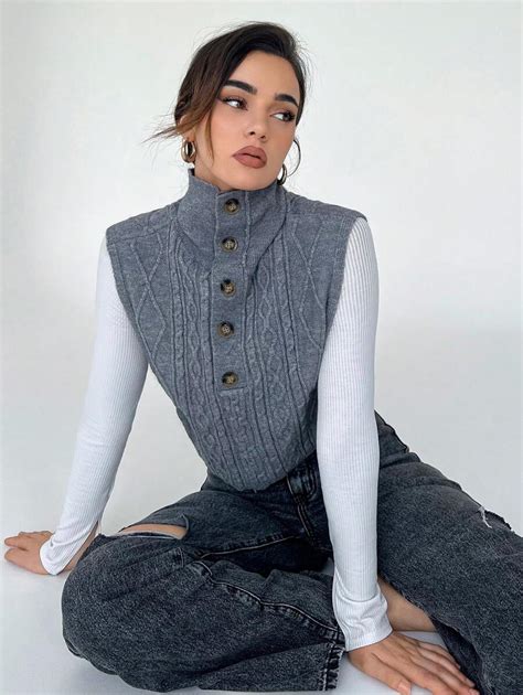 SHEIN Essnce Button Front Sweater Vest Without Tee | SHEIN USA