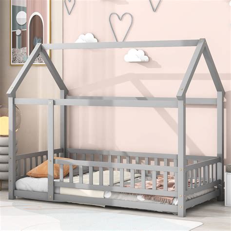 Harper Orchard Twin Size Floor Bed With Grey Wood House Roof Frame And ...
