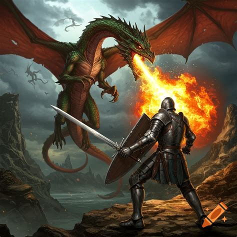 A knight in armor fights a fire-breathing dragon in a fantasy ...
