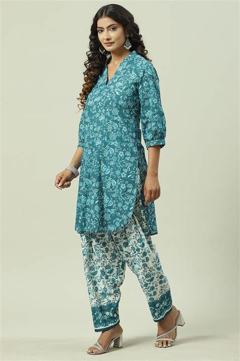 Teal Blue Cotton Straight Kurta Relaxed Salwar Suit Set at Biba India