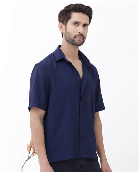 Rare Rabbit Men's Flo Navy Viscose Textured Boxy Fit Half Sleeve Colla