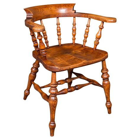 Antique Captain's Chair, English Elm, Beech, Smoker's Bow, Elbow Seat ...
