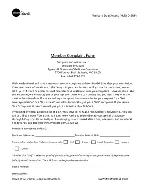Fillable Online Member Complaint Form - Allwell Medicare Fax Email ...