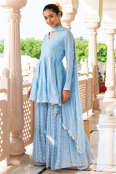 Ruhama Blue Angrakha with Sharara & Dupatta Set - EverBloom India