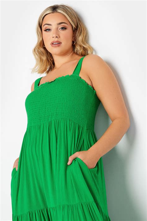 YOURS Plus Size Green Shirred Strappy Sundress | Yours Clothing